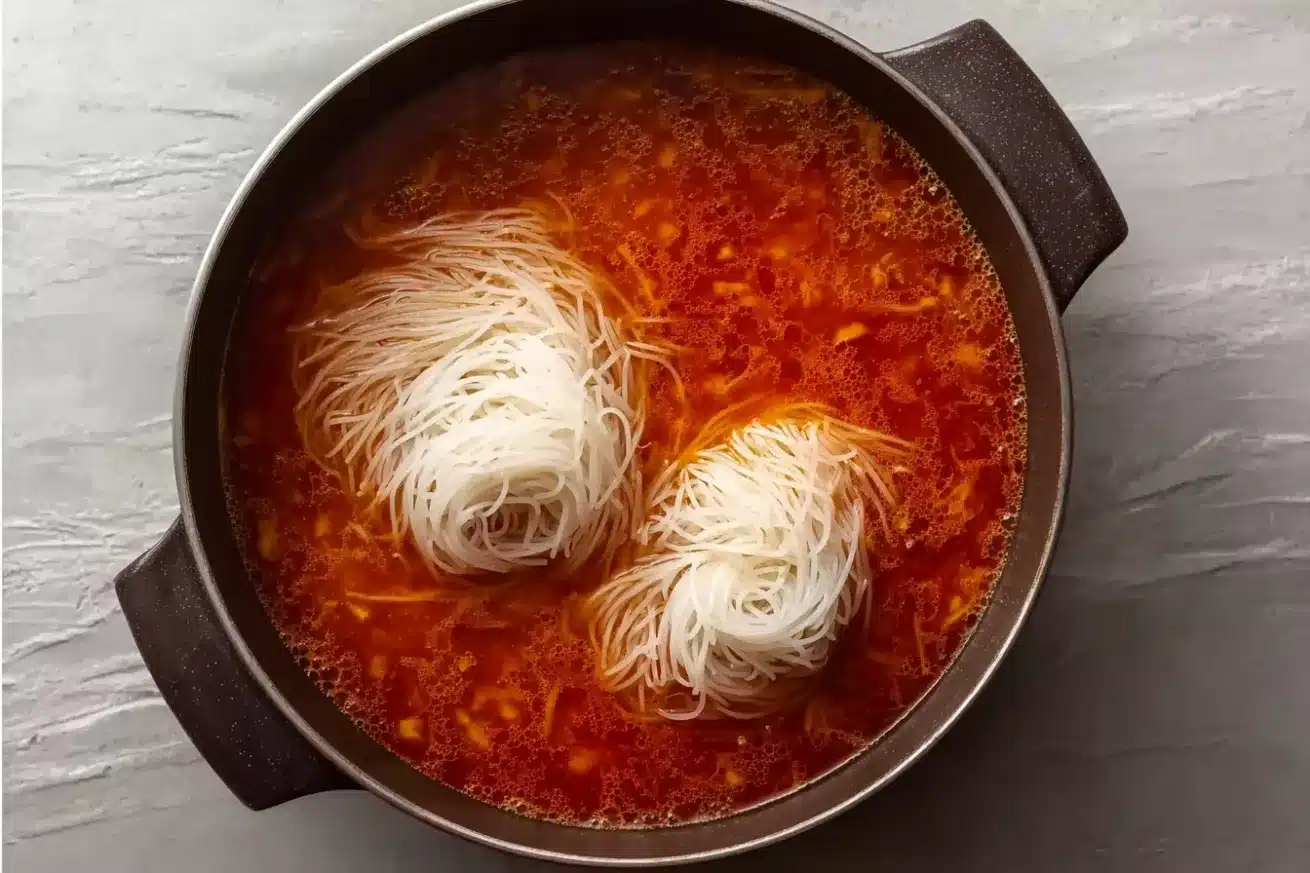 Dark pot with red curry broth and two bundles of uncooked white rice vermicelli noodles waiting to cook
