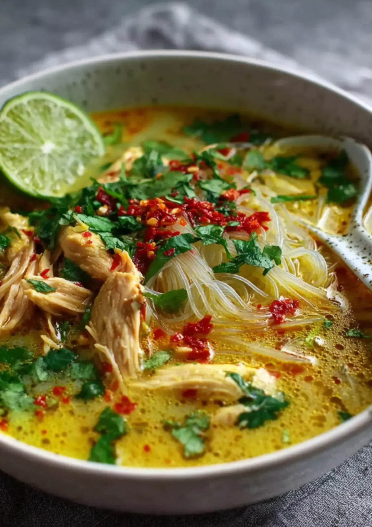 Close-up of black ladle holding rice vermicelli noodles with fresh basil and cilantro from Thai curry soup
