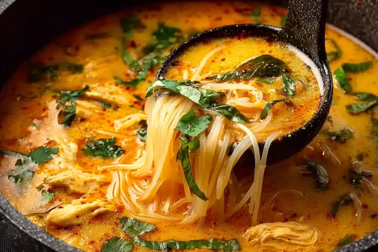 Thai chicken curry soup in ceramic bowl with rice noodles, shredded chicken, fresh herbs, and lime wedge garnish
