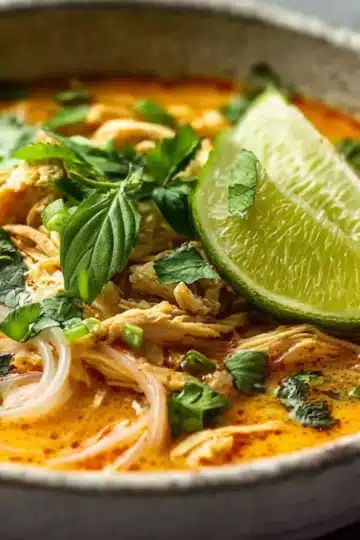 Thai curry soup in white bowl with rice noodles, chicken, fresh cilantro, red chili oil drizzle, and lime wedge