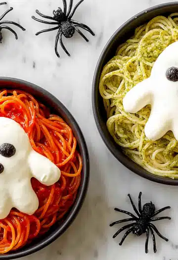 Two bowls of Halloween-themed spaghetti with white burrata cheese shaped like ghosts
