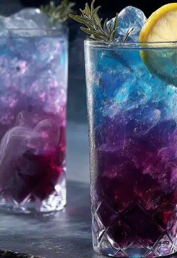 Two crystal glasses filled with layered cocktails featuring dramatic blue to purple gradient colors