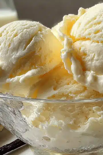 Two perfect scoops of vanilla ice cream in textured glass bowl with milk and vanilla beans on marble surface - Copy