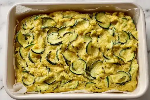 A parchment-lined baking dish filled with raw zucchini scarpaccia batter, showcasing zucchini slices mixed into a cornmeal base.