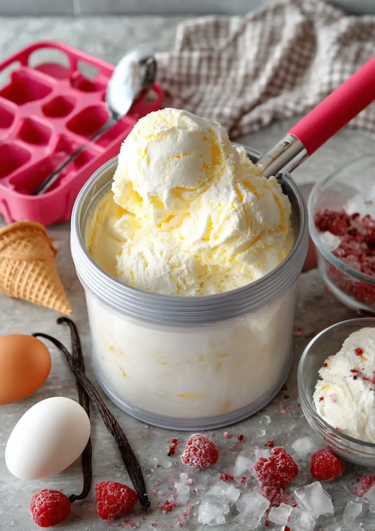 Vanilla ice cream in metal container with colorful kitchen accessories, fresh berries and baking ingredients
