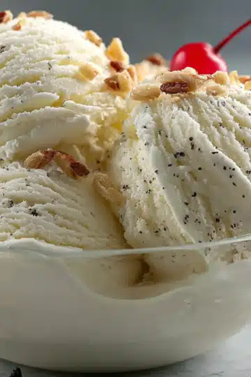 Vanilla ice cream scoops with nuts and vanilla bean specks in a clear glass bowl with cherry garnish