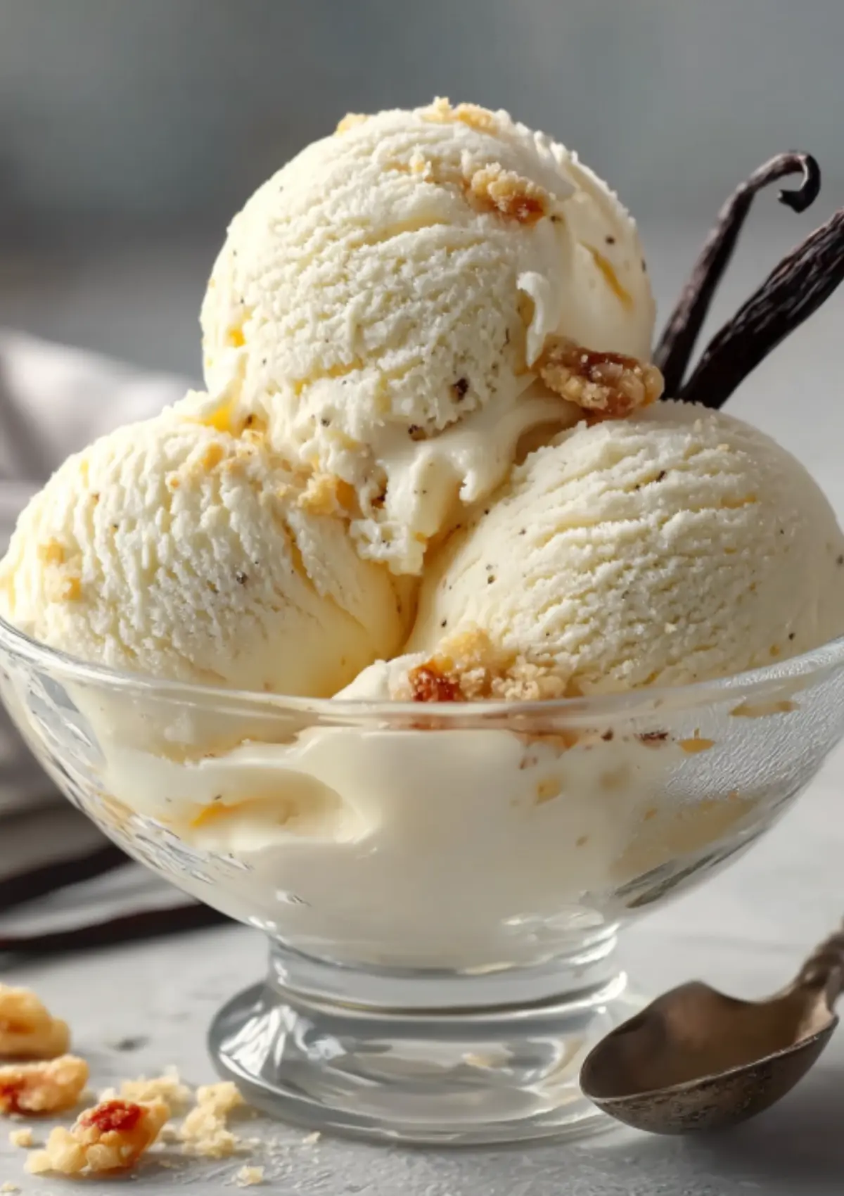 Vanilla ice cream scoops with nuts and vanilla beans in a glass bowl with a spoon