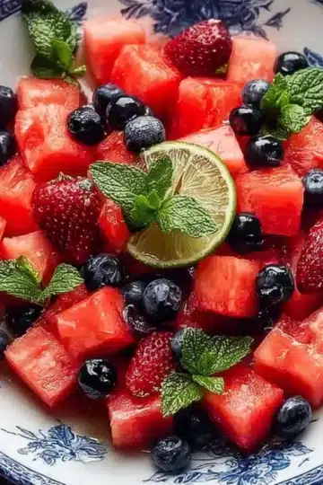 Fresh watermelon fruit salad with cubed watermelon, fresh strawberries, blueberries and mint leaves in elegant blue and white floral china plate, garnished with lime slice and wooden spoon on rustic wooden table