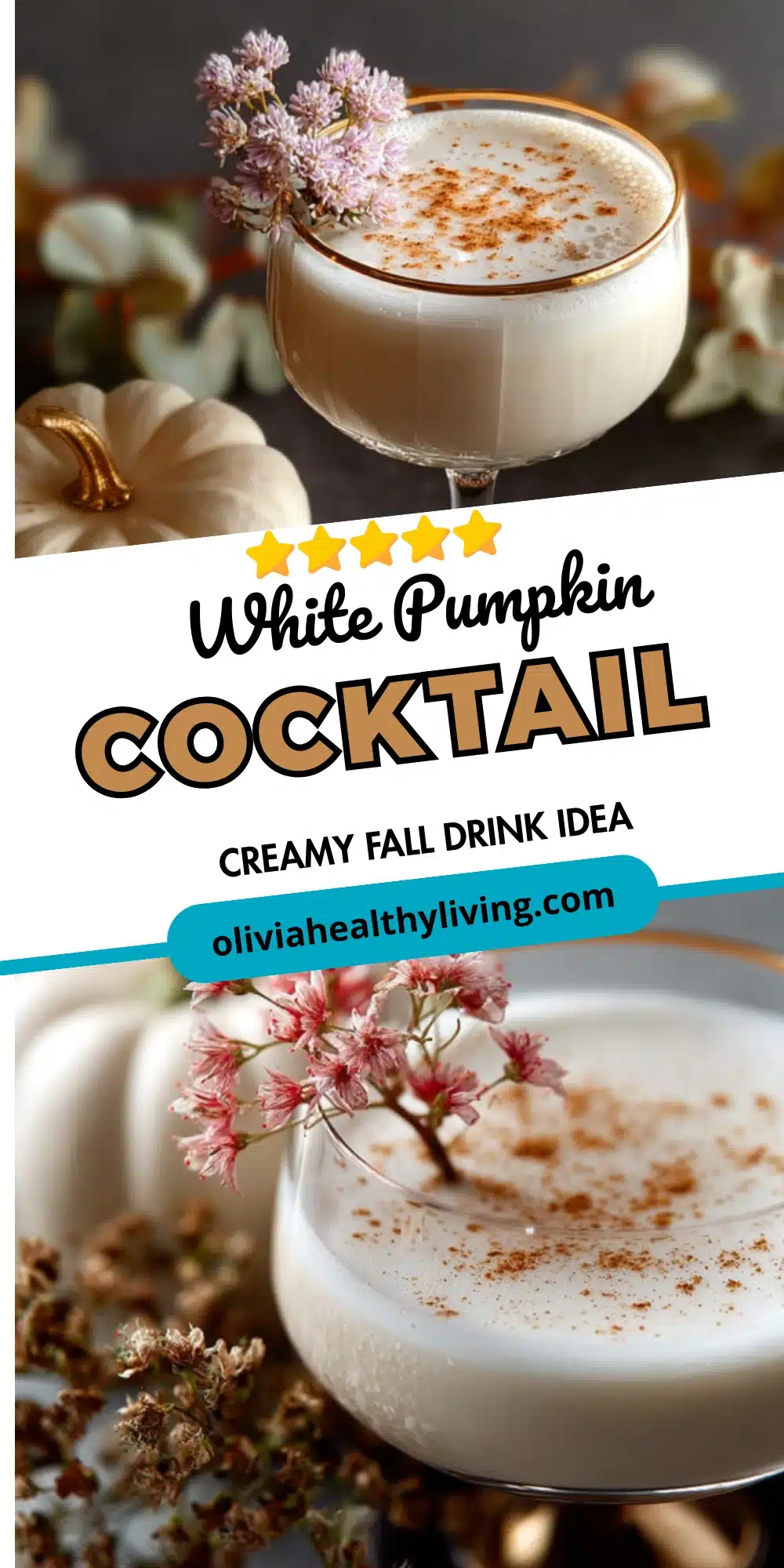 White Pumpkin Cocktail recipe image with 5-star rating and website branding