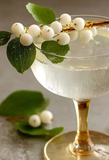 Wide coupe glass containing clear cocktail garnished with snowberry cluster and leaves
