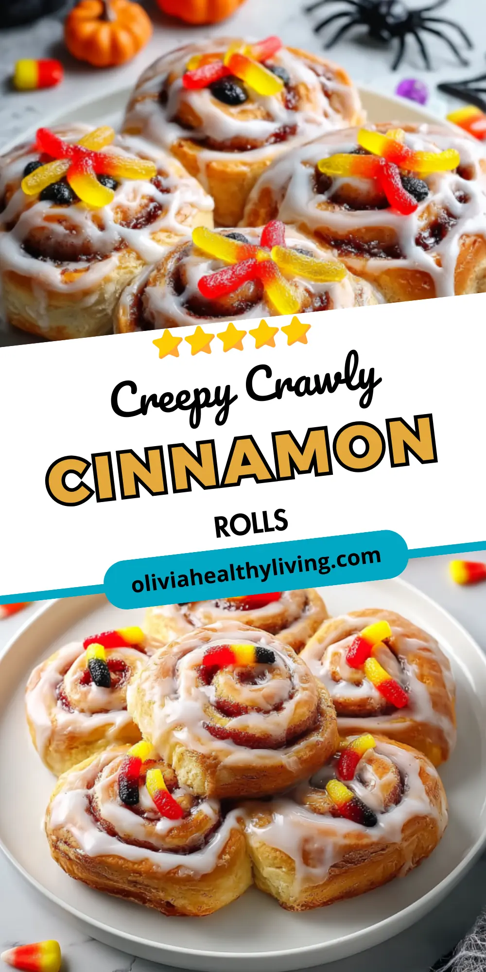 Another promotional graphic for creepy crawly cinnamon rolls with Halloween styling and website branding