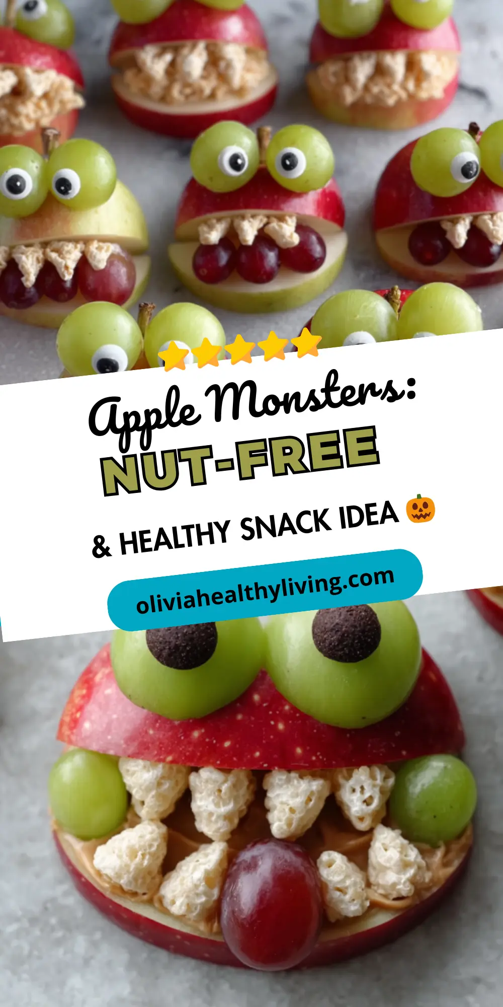 Another promotional image showing multiple apple monsters with social media branding overlay