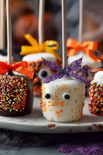 Array of Halloween marshmallow pops with different coatings and decorative ribbons