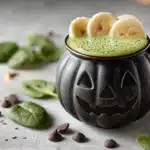 Artistic close-up of green smoothie in jack-o'-lantern mug with banana fans and scattered ingredients