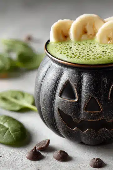 Artistic close-up of green smoothie in jack-o'-lantern mug with banana fans and scattered ingredients