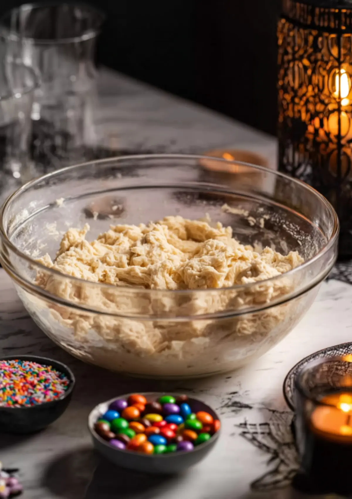 Bowl of white cookie dough with candies nearby