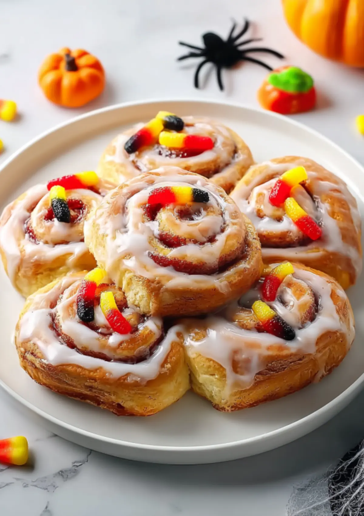 Close-up of Halloween cinnamon rolls in a pull-apart arrangement with gummy
