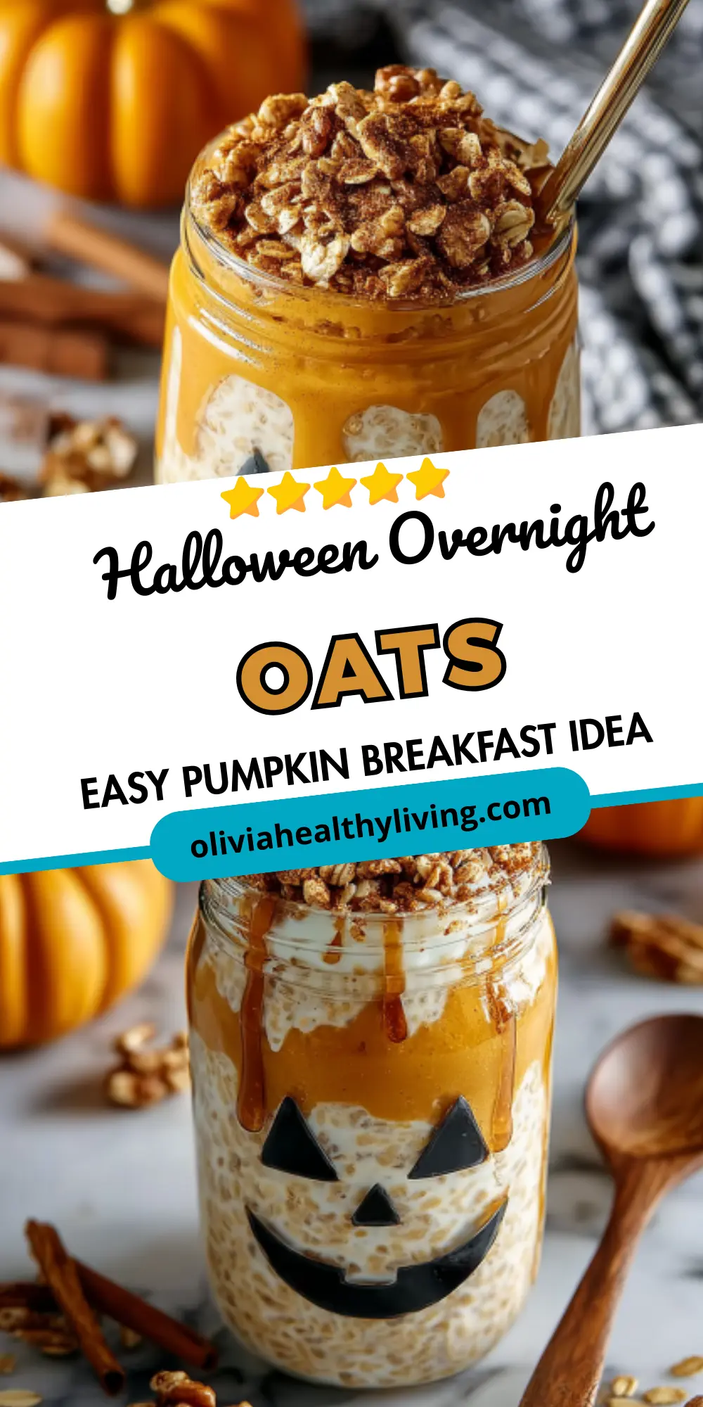 Close-up of Halloween pumpkin overnight oats with layers of oats,