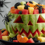 Close-up of carved watermelon jack-o'-lantern bowl