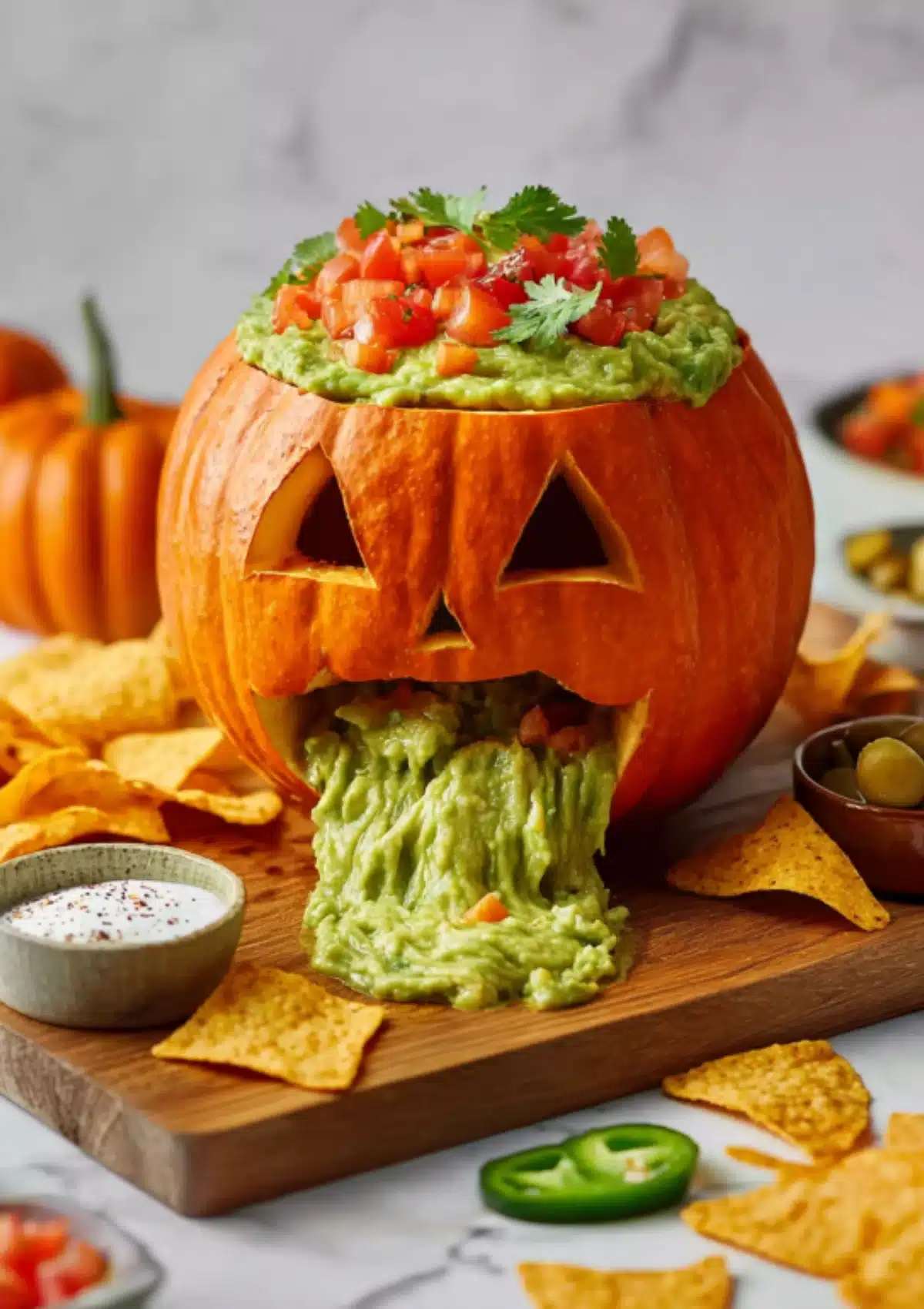 Close-up of pumpkin with guacamole dripping from jack-o-lantern face