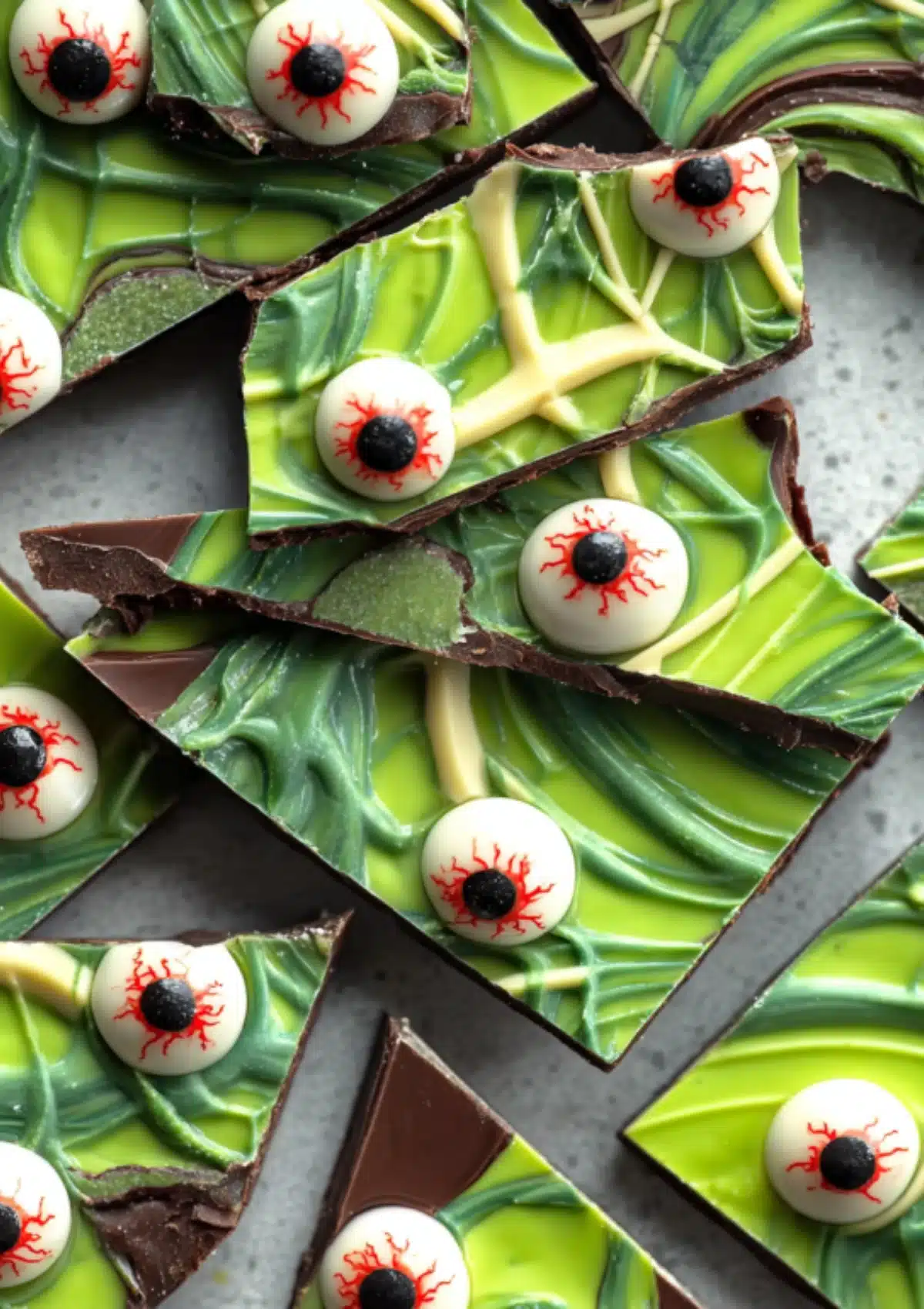 Close-up view of Halloween chocolate bark pieces