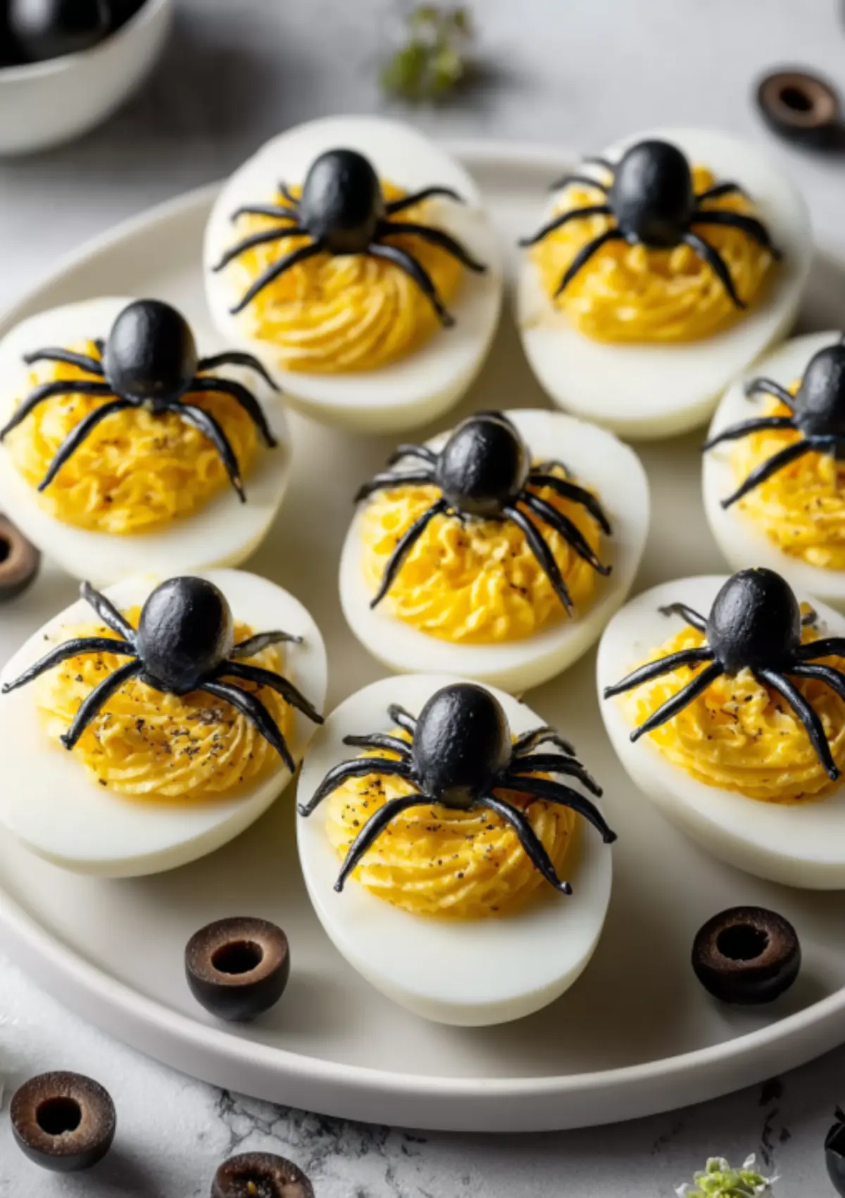 Close-up view of spider deviled eggs with piped yellow filling and black plastic spiders on white serving plate