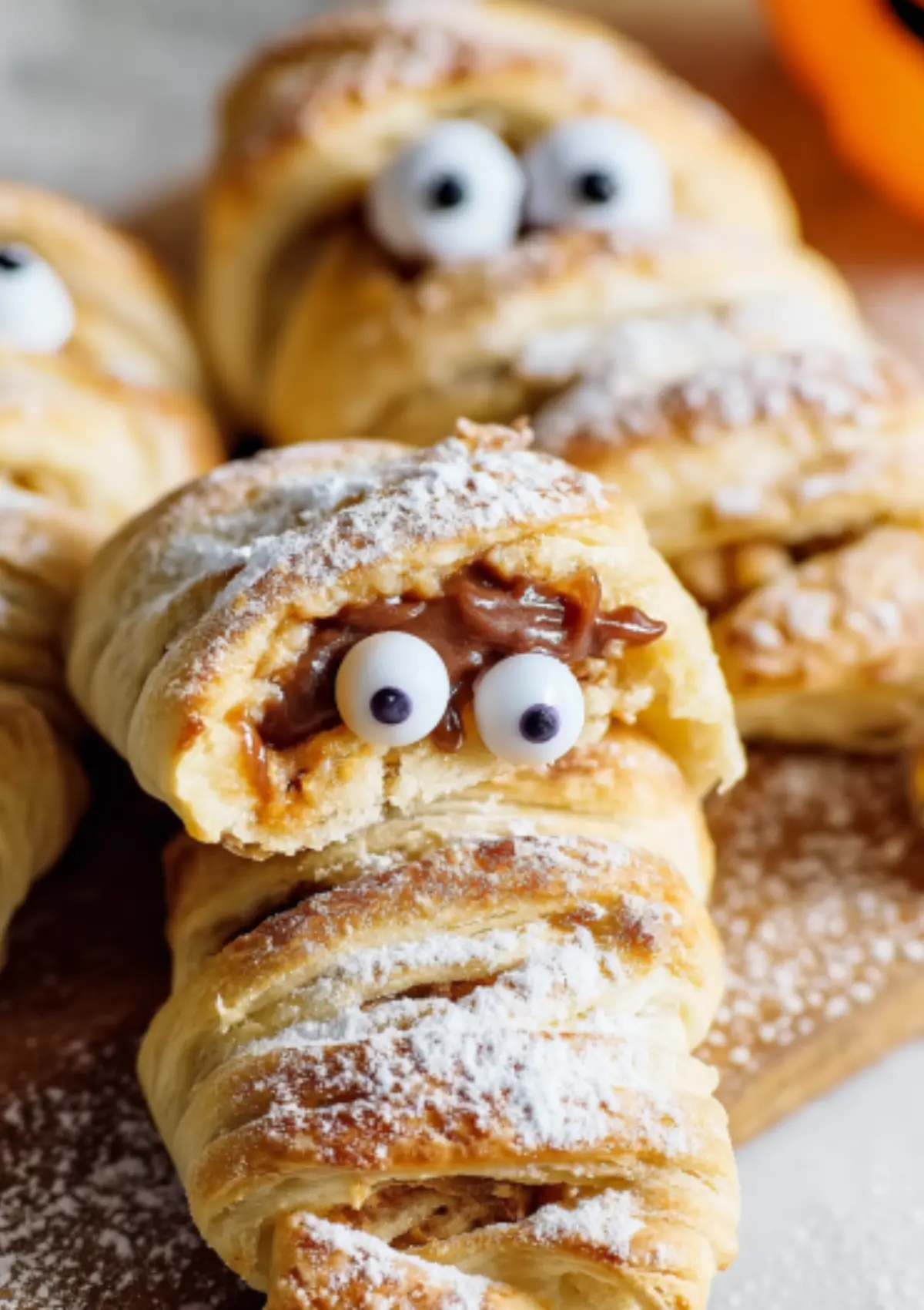 Cross-section of mummy pastry showing caramel filling inside