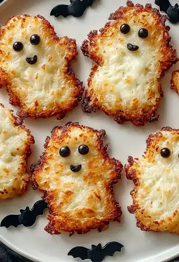 Final plating of ghost shaped hash browns with black olive faces on white plate with Halloween decorations