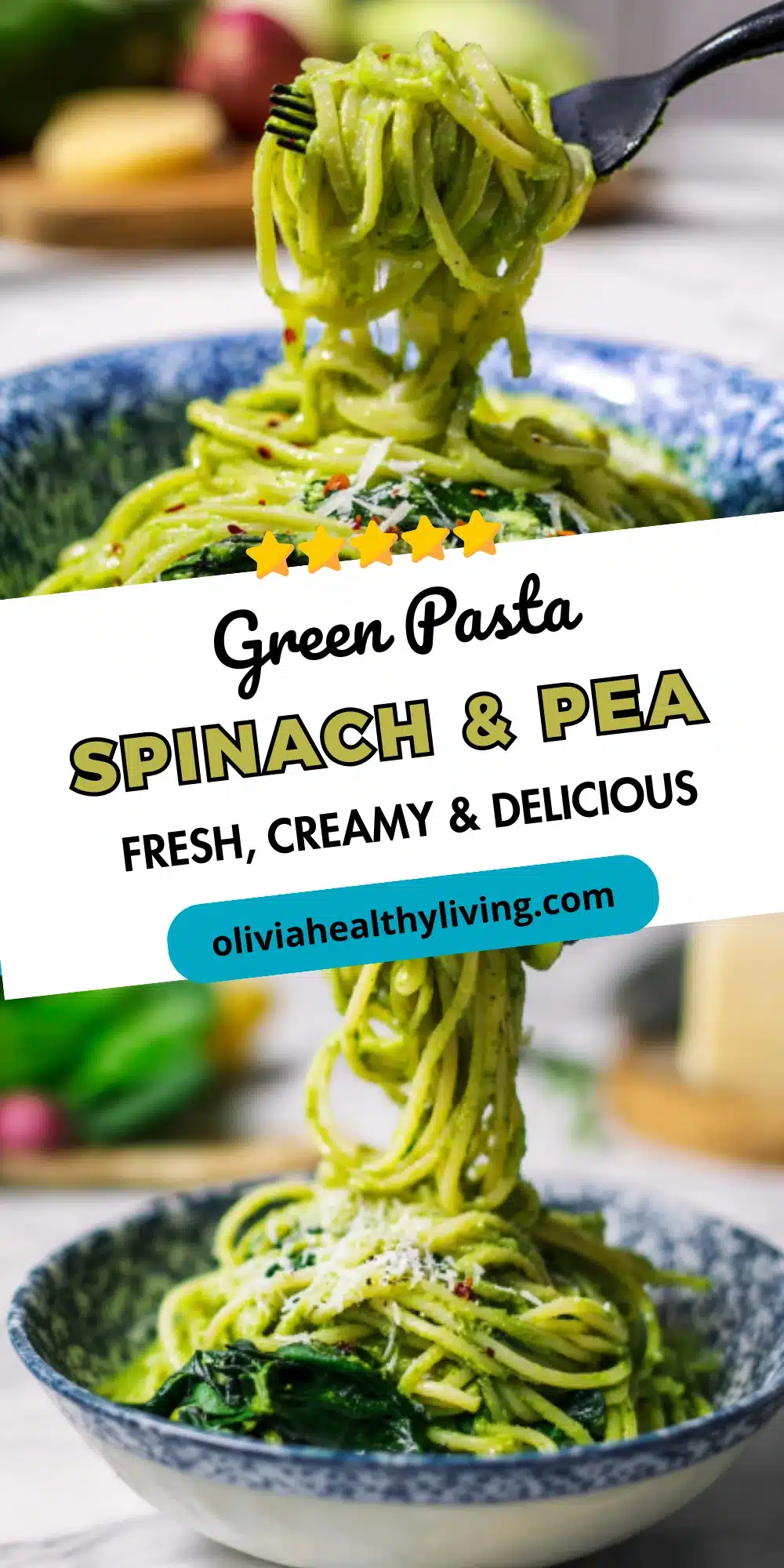 Fork lifting green pasta from blue bowl with recipe title overlay
