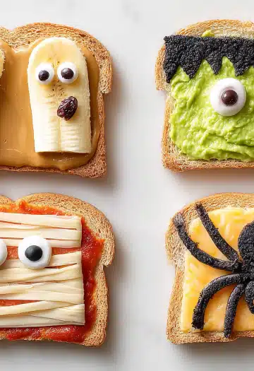 Four Halloween character toasts arranged in a 2x2 grid showing ghost,