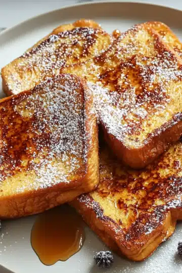 Four thick slices of pumpkin French toast on a white plate,