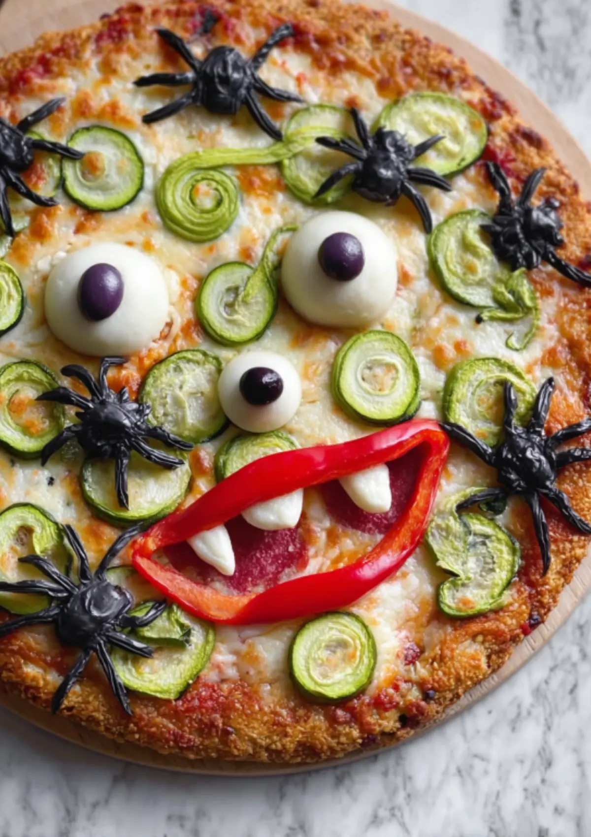 Full Halloween pizza with monster face design made from vegetables