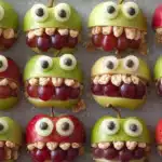 Grid arrangement of twelve apple monster snacks showing variety in apple colors and consistent construction