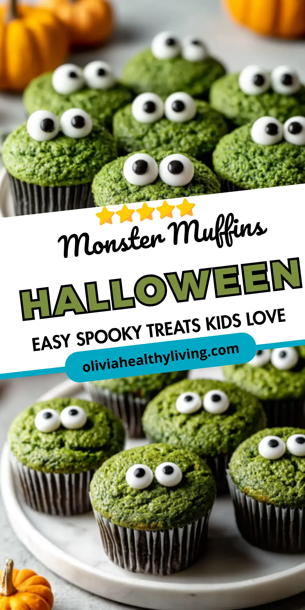 Halloween Monster Muffins recipe pin with 4.5-star rating and promotional text overlay