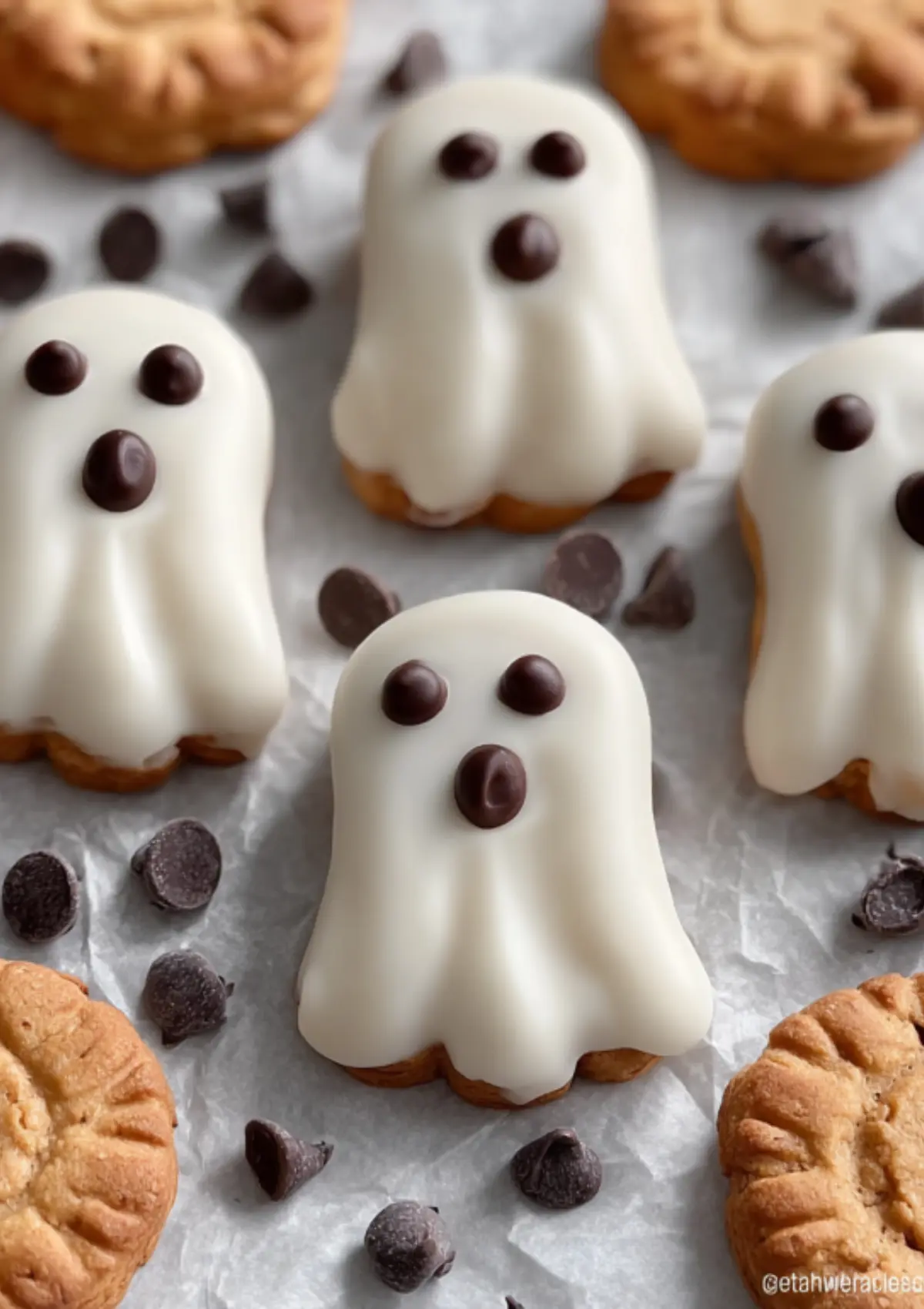 Halloween ghost-shaped treats made from Nutter Butter cookies