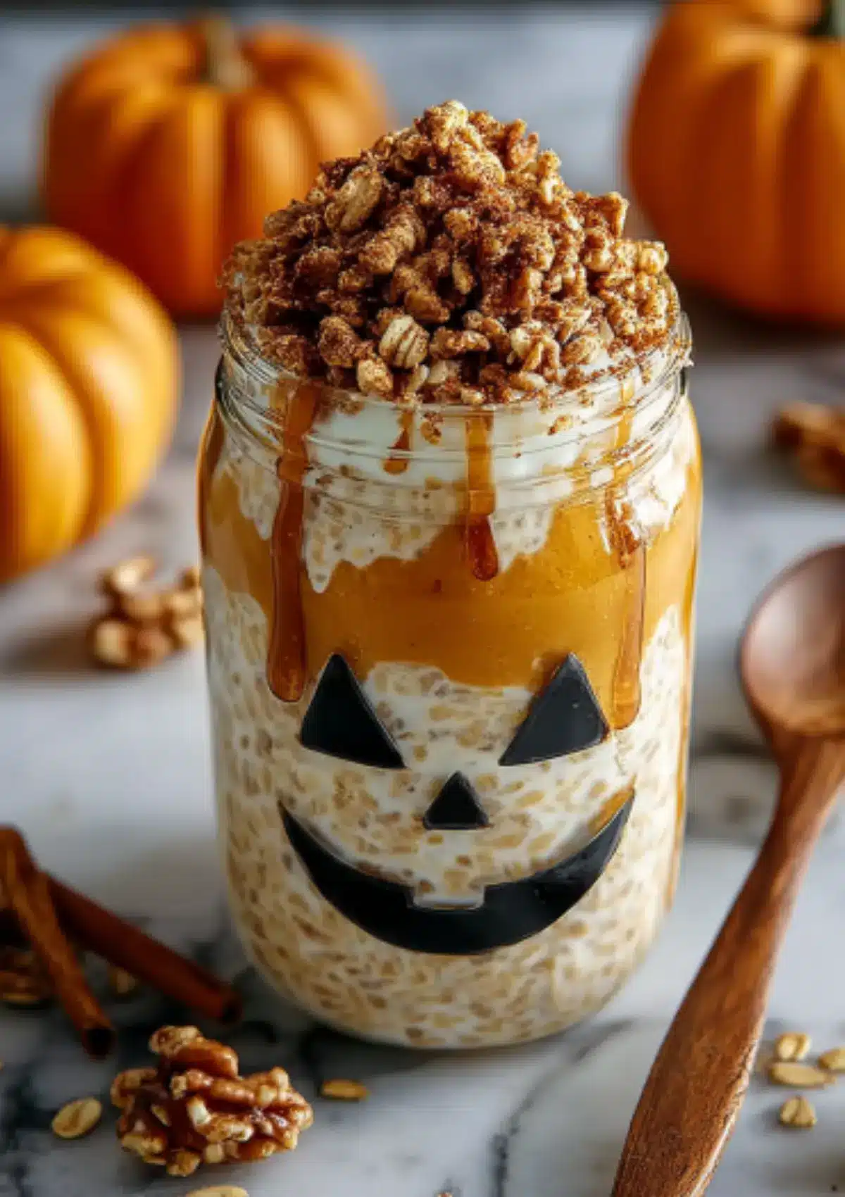 Halloween overnight oats jar with jack-o'-lantern face