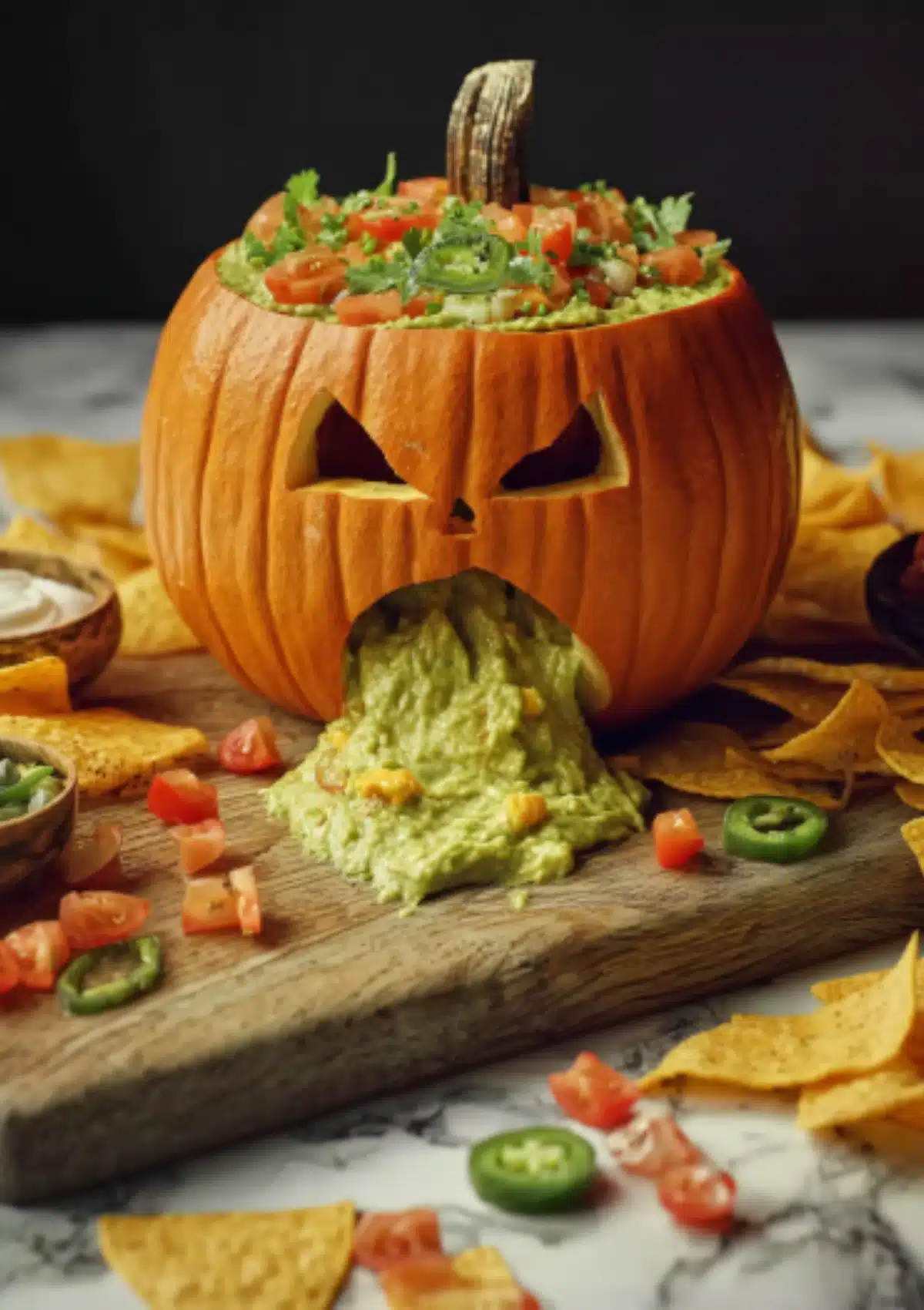 Halloween pumpkin appetizer with guacamole streaming from mouth