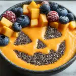 Halloween smoothie bowl topped with mixed berries including blueberries and raspberries