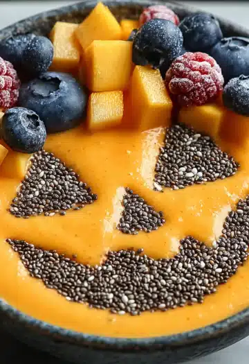 Halloween smoothie bowl topped with mixed berries including blueberries and raspberries