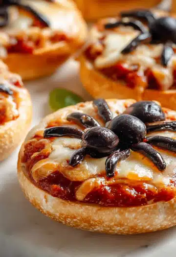 Halloween spider pizza recipe promotional image with title text and star