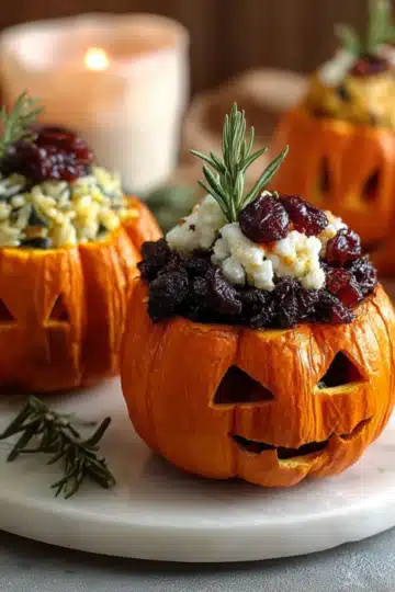 Halloween stuffed pumpkins with jack-o'-lantern faces filled with cranberry rice pilaf