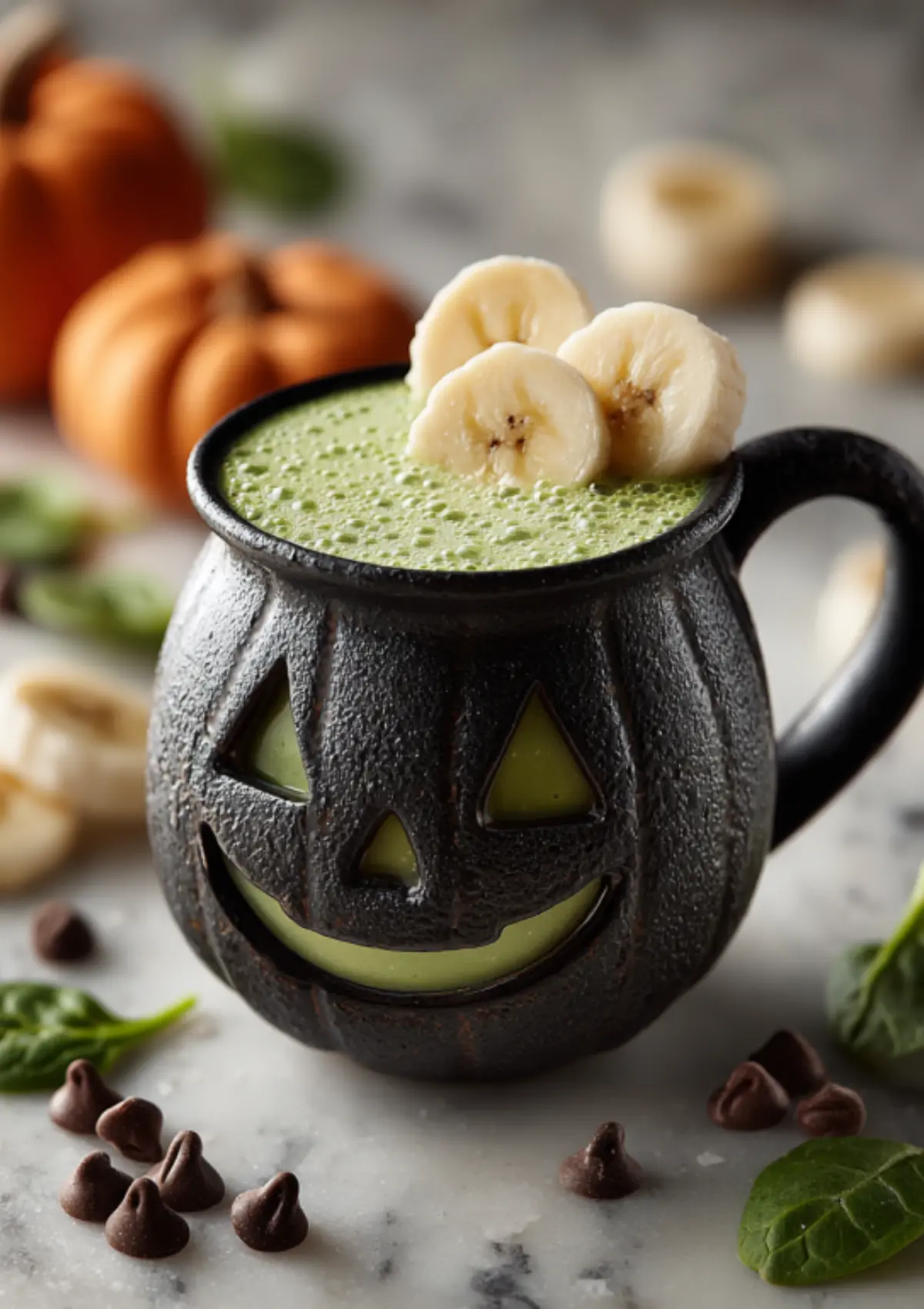 Halloween-themed green smoothie in pumpkin-shaped black mug with banana garnish and spinach leaves