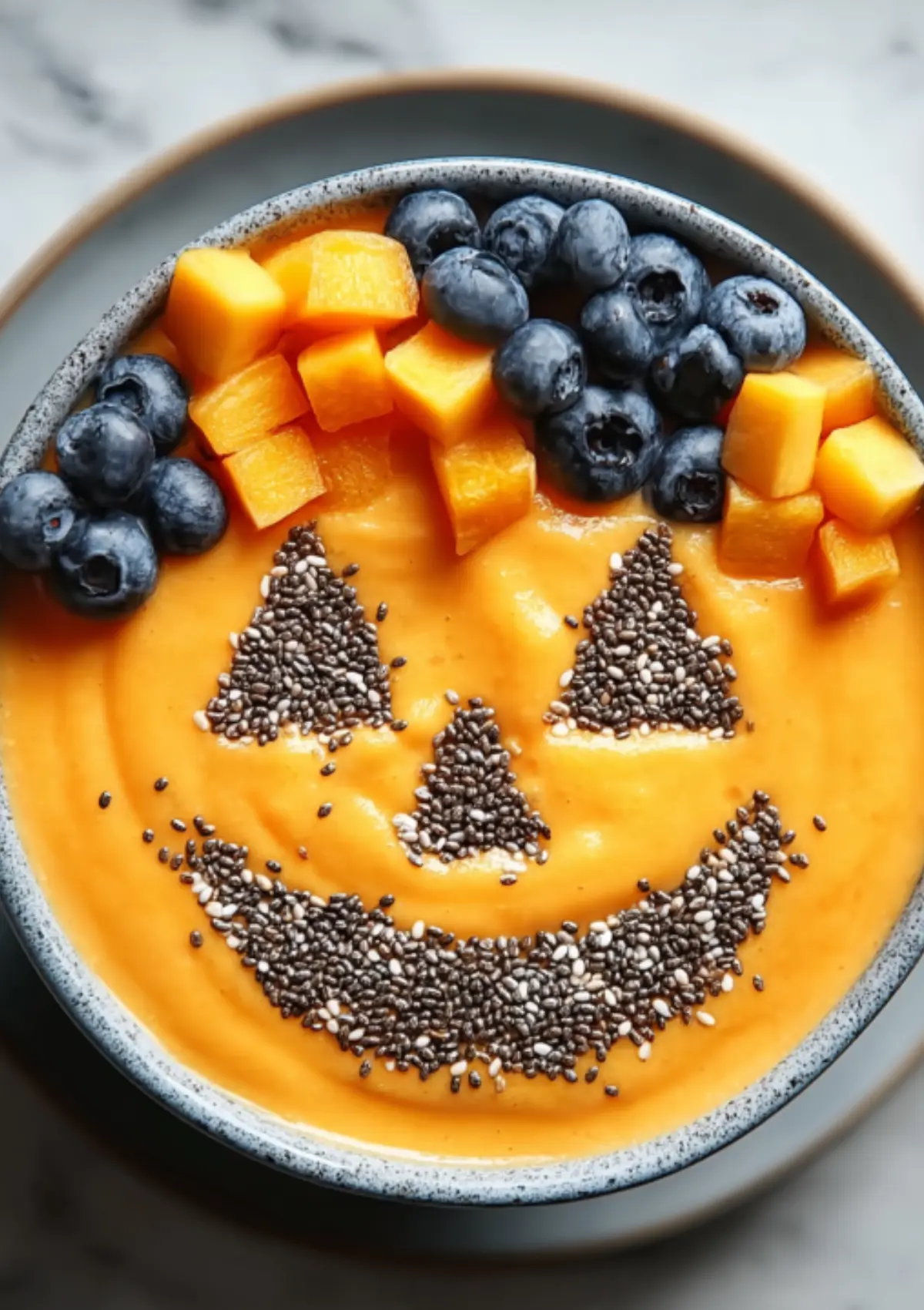Halloween-themed orange smoothie bowl with chia seed jack-o'-lantern face