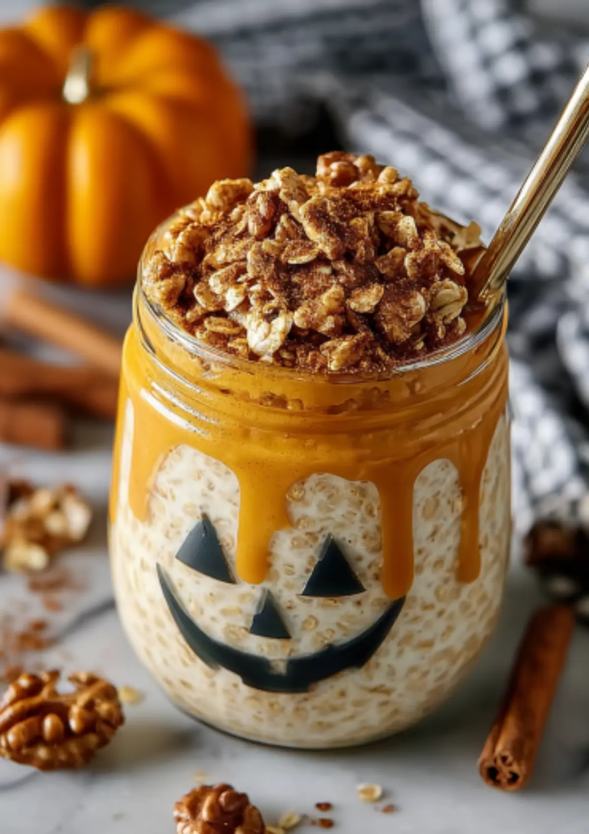 Halloween-themed overnight oats with pumpkin face design