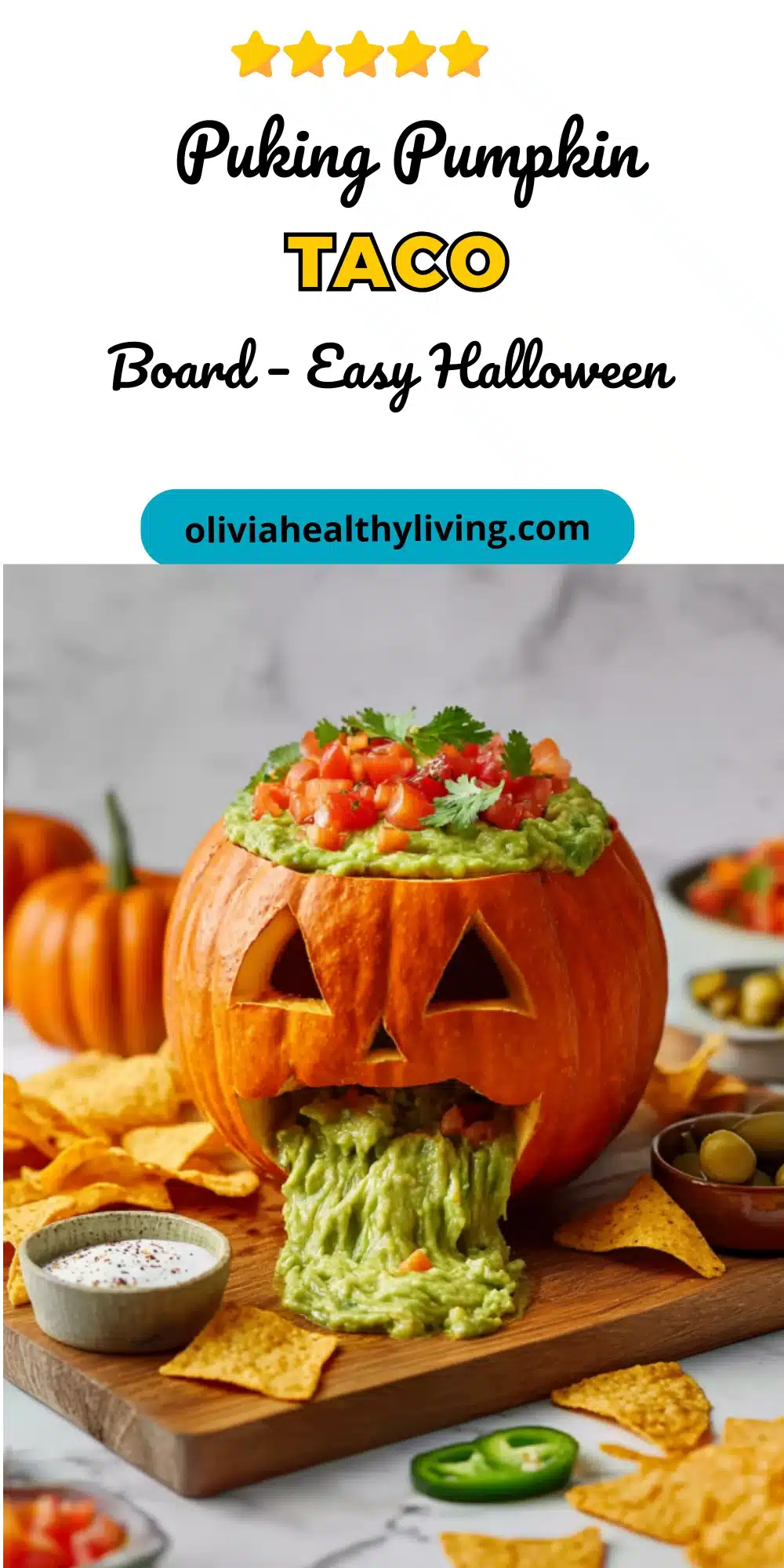 Jack-o-lantern filled with guacamole spilling out
