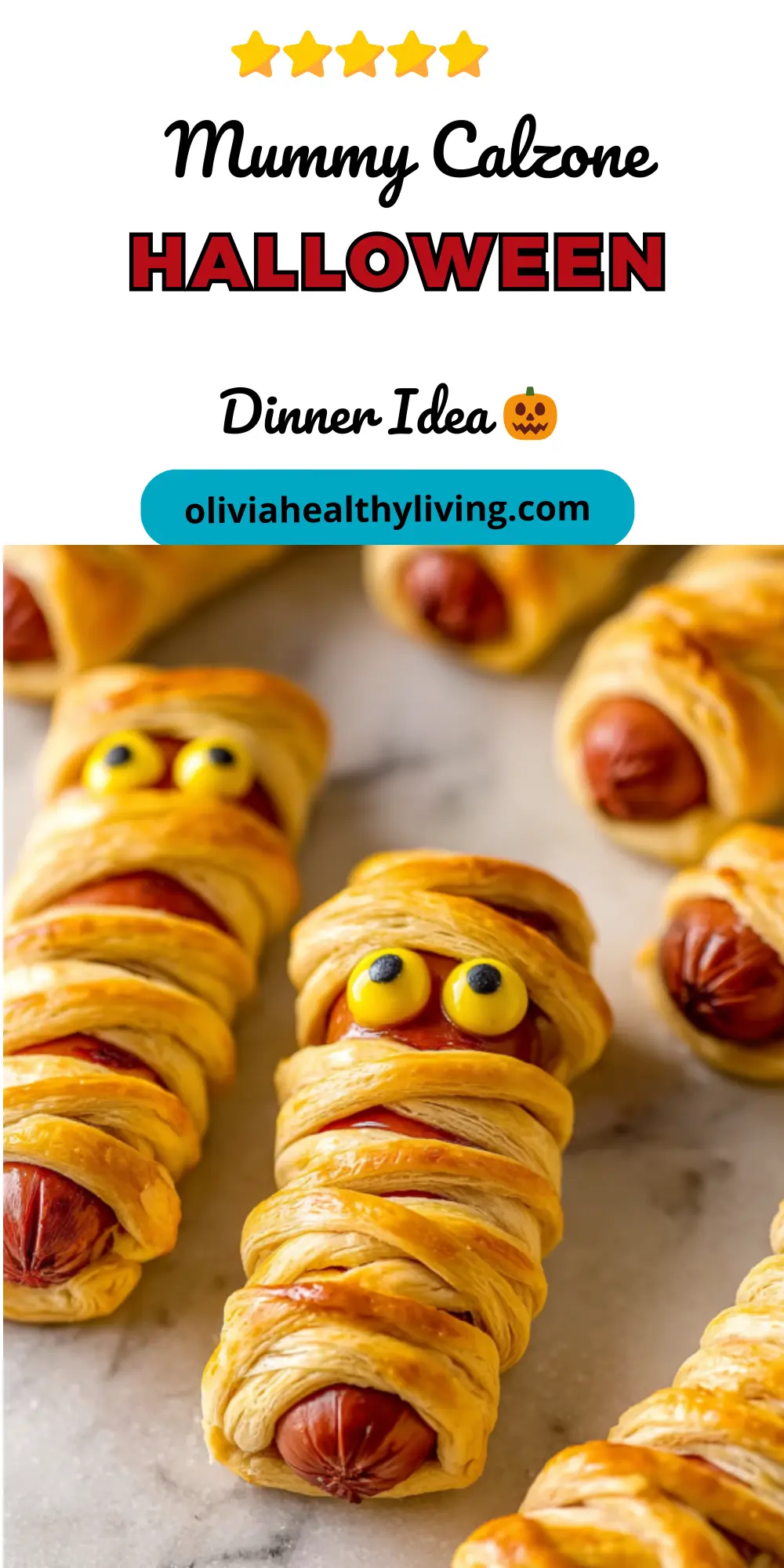 Mummy Calzone Halloween recipe Pinterest graphic