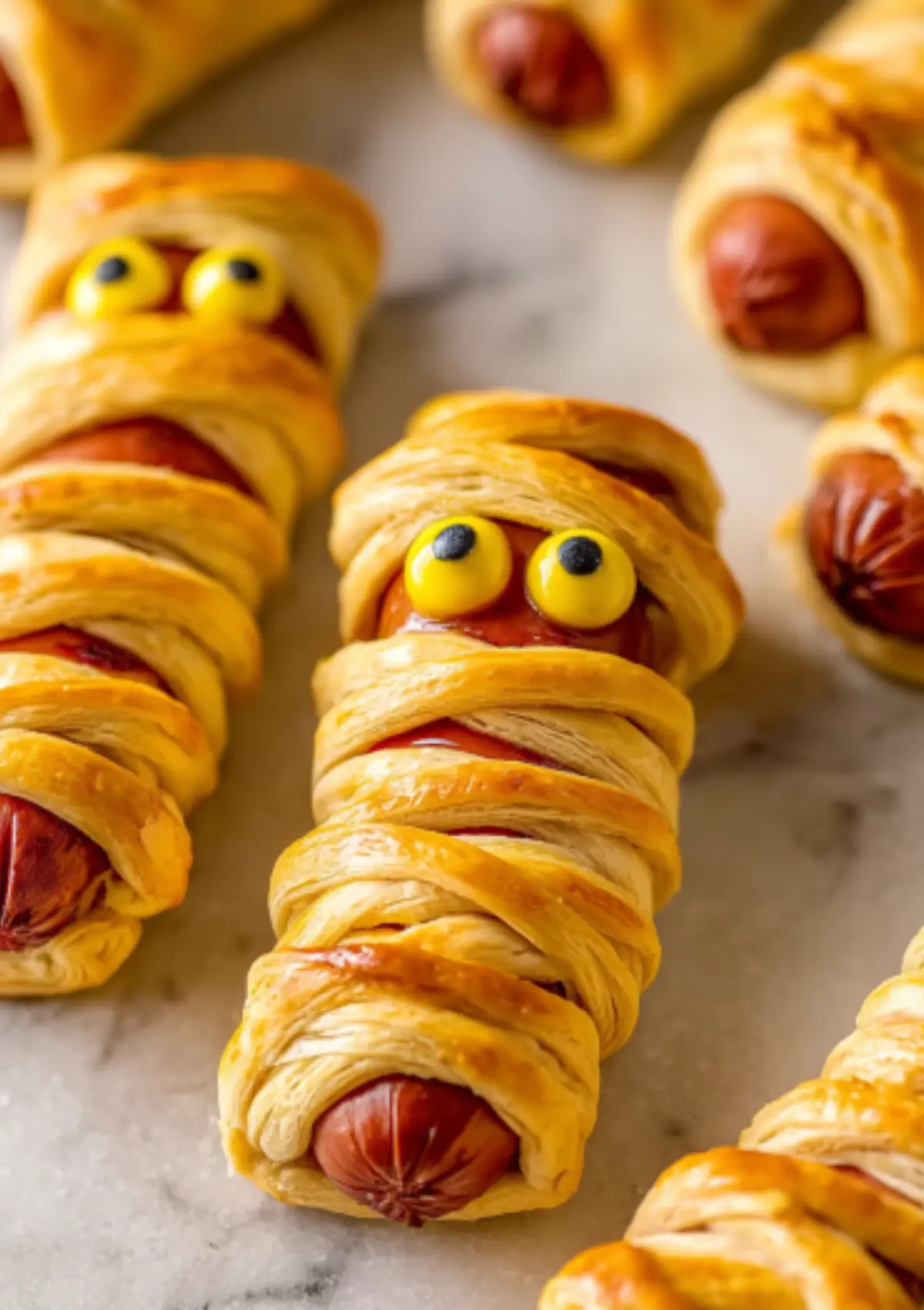 Mummy hot dogs with candy eyes on parchment paper