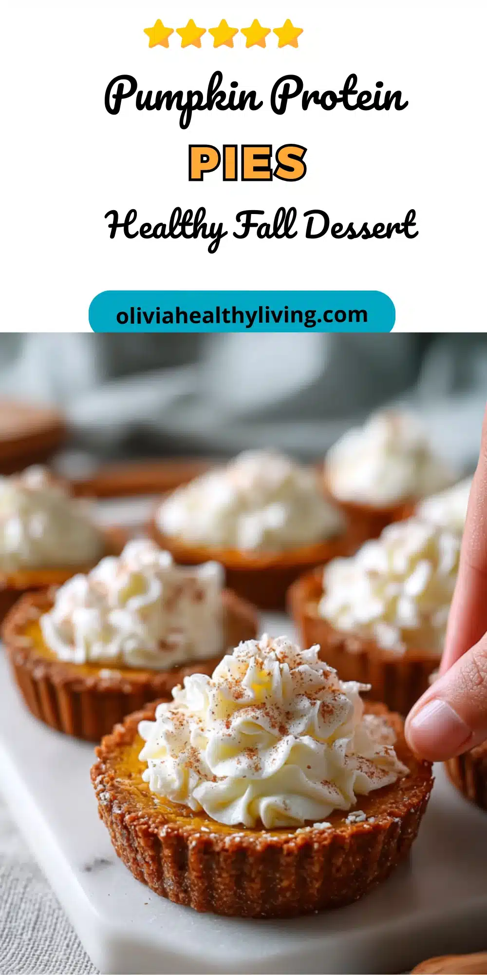 Pinterest-style graphic for Pumpkin Protein Pies recipe with 5-star