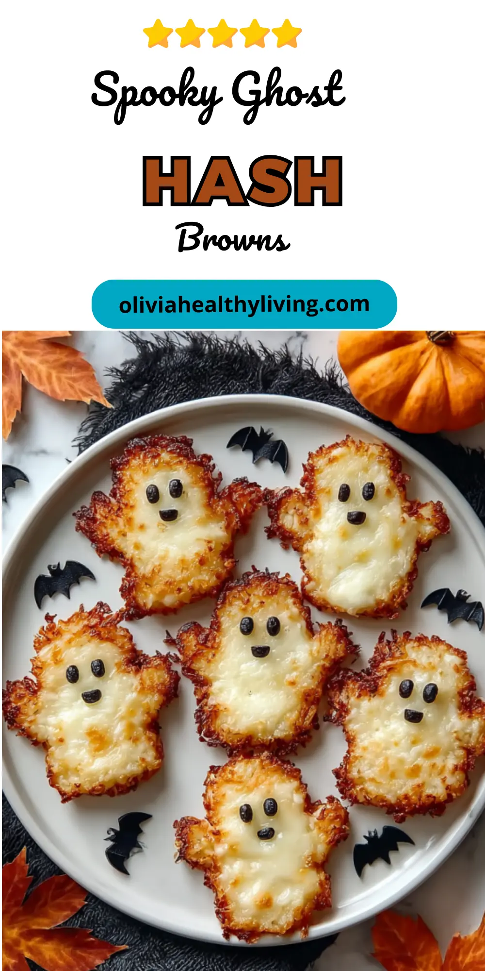 Pinterest-style recipe graphic for Spooky Ghost Hash Browns with 5-star rating and website attribution