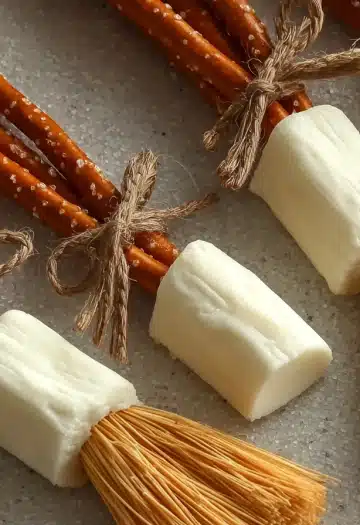 Pretzel broomsticks tied with natural twine showing detailed construction method